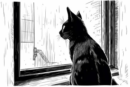 The curious cat is entranced by the world outside, watching birds and leaves blowing in the wind.の素材