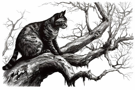The cat is happily surveying its surroundings from its high perch, its tail twitching in excitement.の素材