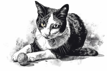 This playful black and white cat is having a blast chasing and batting around a toy mouse.の素材