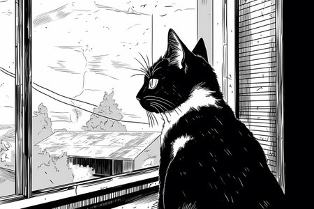 The cat sits silently, fixated on something outside the window. Occasionally a bird will catch its attention and its tail will start to twitch.の素材