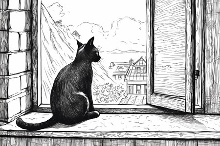 A sleek black cat is serenely sitting on a windowsill, gazing out into the world beyond.の素材