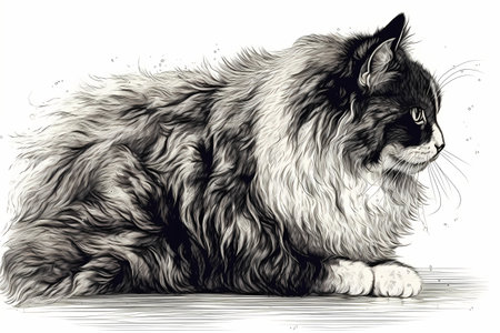 The cat is giving itself a thorough and fluffy grooming session, preening its luscious fur.の素材
