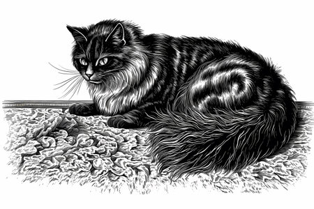 The meticulous cat is carefully grooming its fur while enjoying the comfort of a fluffy rug underneath.の素材