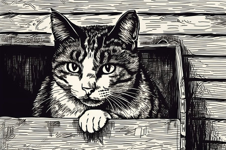 The curious cat is peeking out from inside the cardboard box.の素材