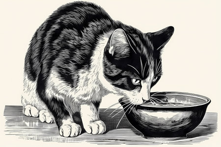The cat is lapping up milk from a bowl and seems to be enjoying its creamy taste.の素材