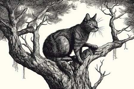 This adventurous cat is scaling a tree to explore the great outdoors.の素材
