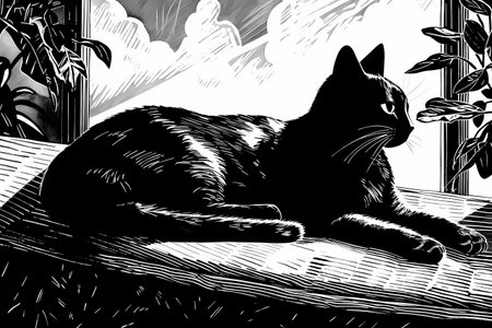 The sleek black cat is basking in the warm sunbeam, eyes closed and purring contentedly.の素材