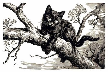 The adventurous kitten is fearless as he scales the tall tree, still small enough to fit between the branches.の素材