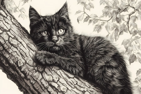 The adventurous kitten is fearless as he scales the tall tree, still small enough to fit between the branches.の素材