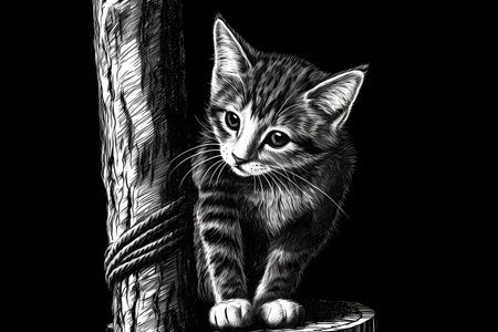 The little kitten is using its sharp claws to climb up and down the tall scratching post.の素材