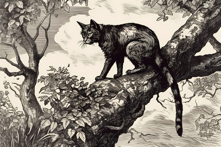 This adventurous cat is scaling a tree to explore the great outdoors.の素材