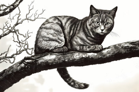 The cat is happily surveying its surroundings from its high perch, its tail twitching in excitement.の素材