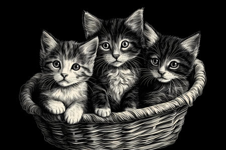 The three kittens are cuddled up together in a cozy basket.の素材