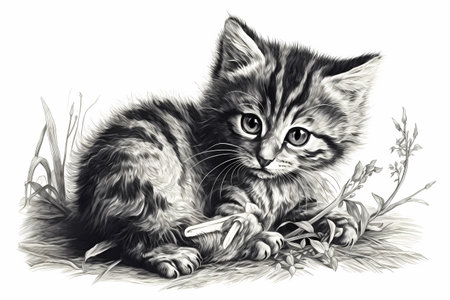 The curious kitten is pouncing and batting at the toy mouse, practicing its hunting skills and having a blast.の素材