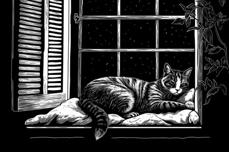 The lazy cat is soaking up the sun while taking a cat nap on the cozy window sill.の素材