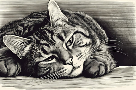 A tabby cat is curled up comfortably on a plush pillow, snoozing peacefully and indulging in a cozy nap.の素材