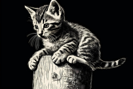 The little kitten is using its sharp claws to climb up and down the tall scratching post.の素材