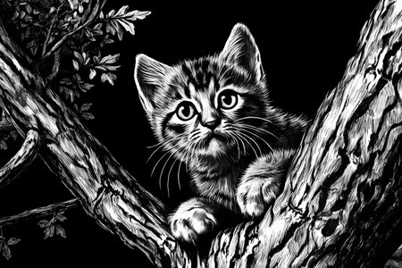 The little kitten is using its sharp claws to climb up the tree, exploring its environment.の素材