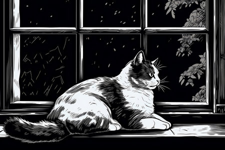 The fluffy white cat is gazing out the window, taking in the sights and sounds of the world outside.の素材