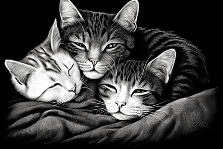 The three cats snuggle together under a warm blanket, purring contentedly as they bask in each other's company.の素材