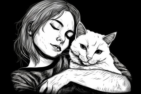 The white cat is cuddled up and snuggling with its owner on the couch.の素材