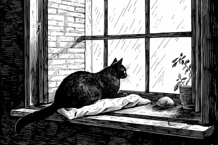 The cat is blissfully licking and grooming its fur, enjoying the sunshine coming through the window.の素材