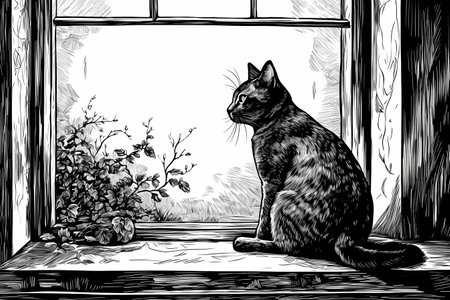 The cat is blissfully licking and grooming its fur, enjoying the sunshine coming through the window.の素材