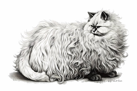 A white, long-haired cat meticulously washing every inch of its fur, taking pride in its cleanliness.の素材