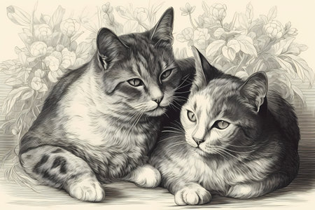 Two fluffy cats are cuddling and grooming each other, showing their affection through their soft purrs.の素材