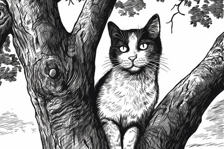 This poor gray and white cat appears to be stuck in a tall tree, mewing for help and desperately waiting to be rescued.の素材