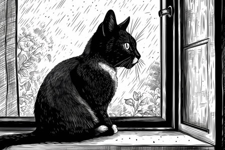 The cat sits silently, fixated on something outside the window. Occasionally a bird will catch its attention and its tail will start to twitch.の素材