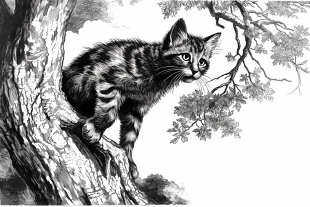The little kitten is using its sharp claws to climb up the tree, exploring its environment.の素材