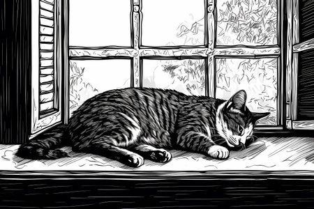 The lazy cat is soaking up the sun while taking a cat nap on the cozy window sill.の素材