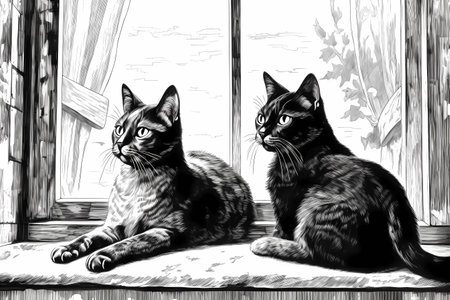 Two cats looking out at the world from the safety of their windowsill perch.の素材