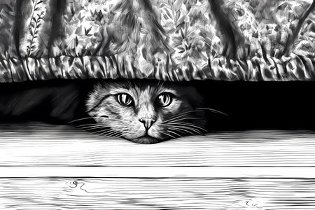 The cat seems to be hiding under the bed, its tail twitching nervously and its eyes darting around suspiciously.の素材