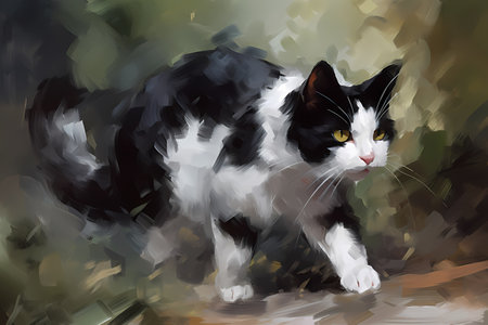 The playful cat is frisky and intent on catching the fuzzy toy mouse.の素材