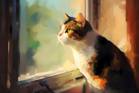 A curious calico cat is perched on a windowsill, intently watching a bird flit around outside with wide eyes and twitching whiskers.の素材