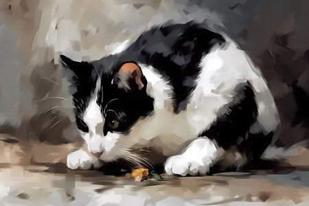 A black and white cat is energetically pouncing and chasing a small toy mouse, flipping it up in the air and proudly showing it off.の素材