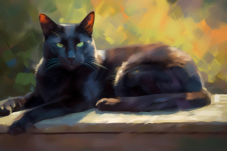 The sleek black cat is basking in the warm sunbeam, eyes closed and purring contentedly.の素材