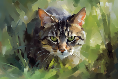 The cat is slowly creeping up on its prey, eyes fixed and tail twitching. It's ready to pounce at any moment.の素材