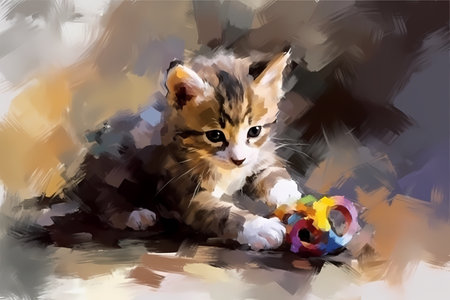 A playful kitten batting a toy around with their tiny paws, full of wonder and curiosity.の素材