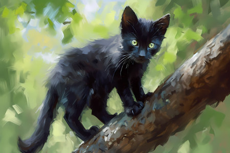 The adventurous kitten is fearless as he scales the tall tree, still small enough to fit between the branches.の素材
