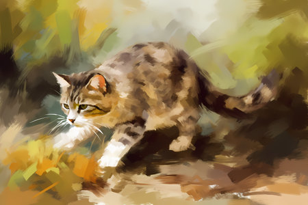 An agile cat is intently stalking and pouncing on a small, unsuspecting mouse.の素材