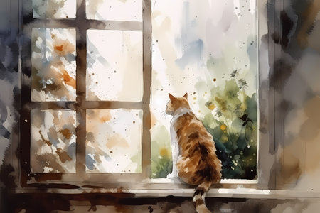 The cat is fascinated by the birds outside, its pupils dilated as it eyes them eagerly.の素材