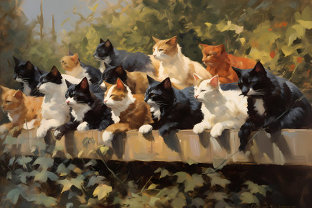 A whole group of cats are lounging together on the warm fence, soaking up the sun and enjoying each other's company.の素材