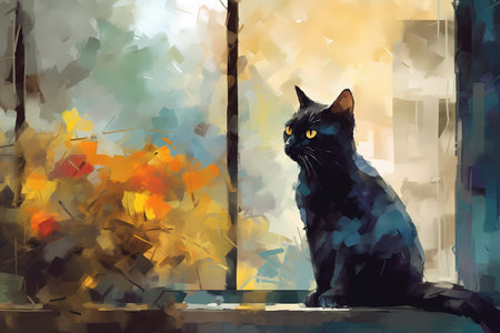 The cat is fascinated by the birds outside, its pupils dilated as it eyes them eagerly.の素材