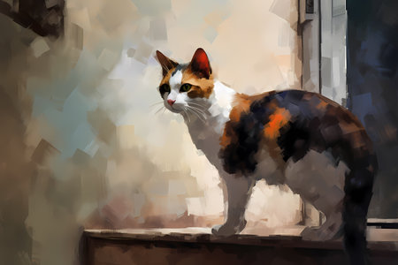 The calico cat's big inquisitive eyes are taking everything in as she wanders around the unfamiliar room, sniffing and investigating.の素材