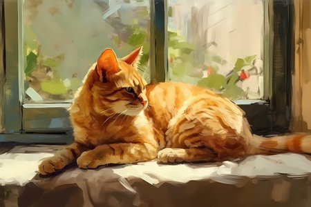 The ginger cat is soaking up the sun and enjoying the view from the warm windowsill.の素材
