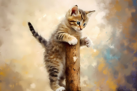 The little kitten is using its sharp claws to climb up and down the tall scratching post.の素材