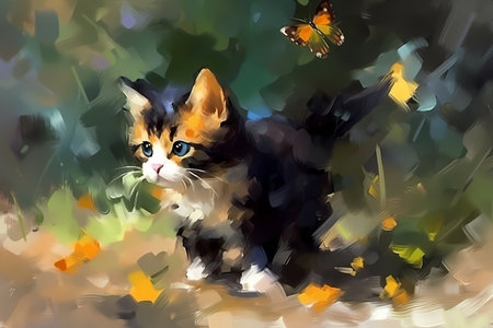 This tiny furball is sprinting after a delicate butterfly, trying to catch it in her tiny paws.の素材